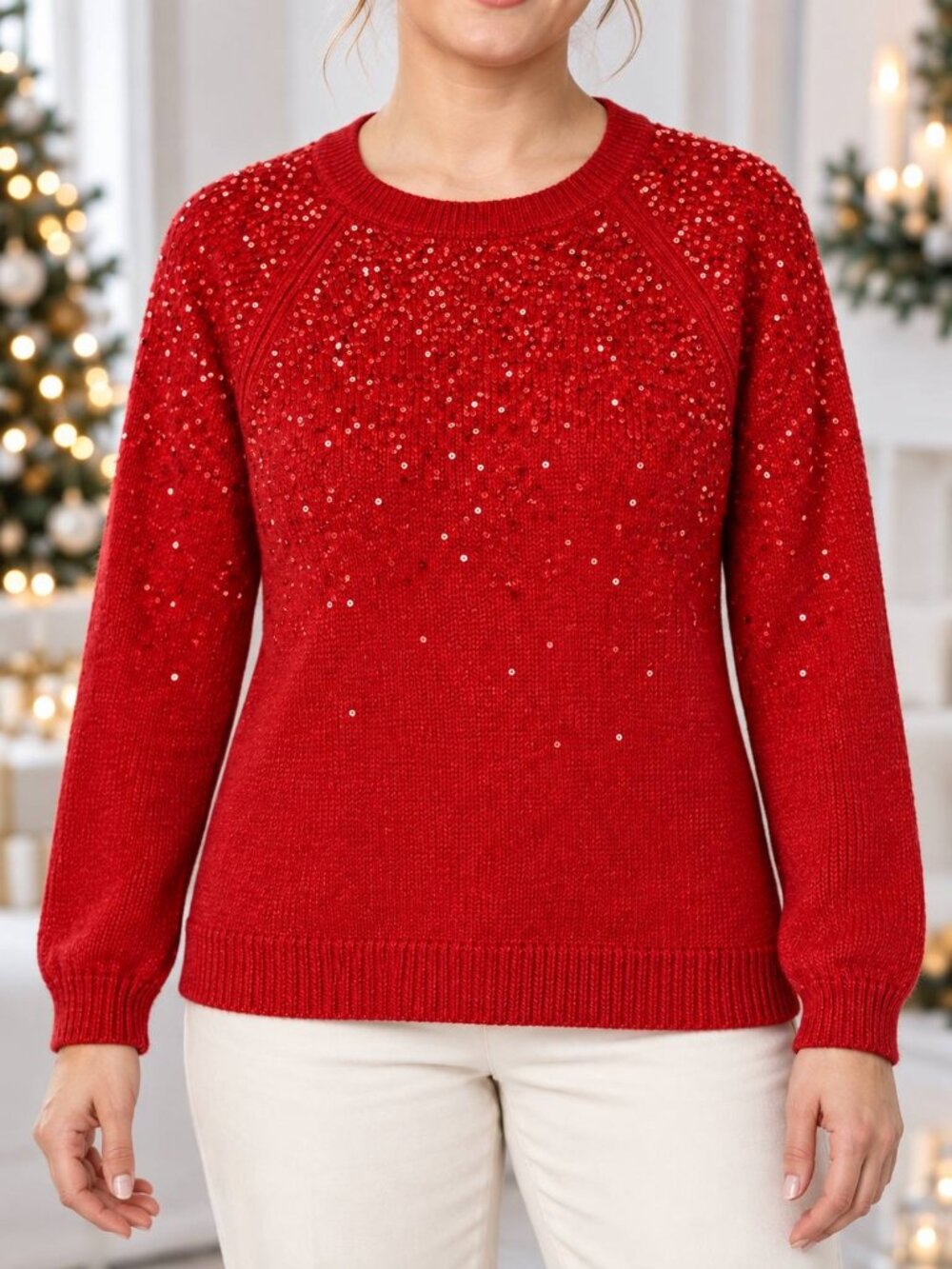 Vince Camuto Sequin Sweater Women Luminous Red Size L Raglan Crew Neck NWT